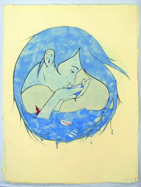 Sip, handmade paper, pulp painting, serigraphy and gouache, 24 x 18" 2011