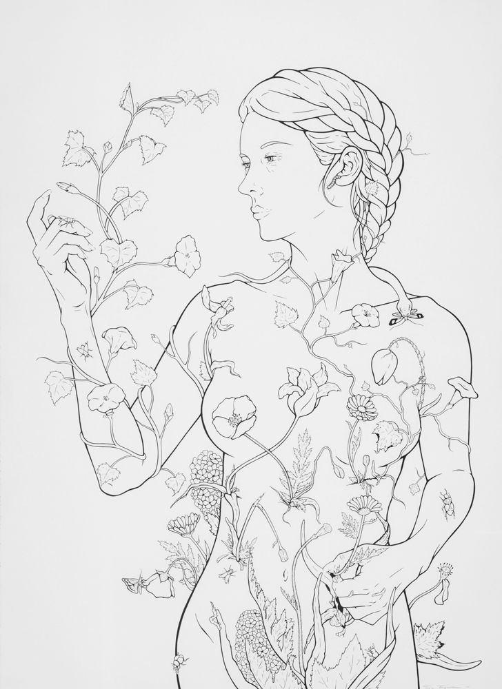Vanitas I (Eve), pen & ink on paper, 36 by 26", 2015